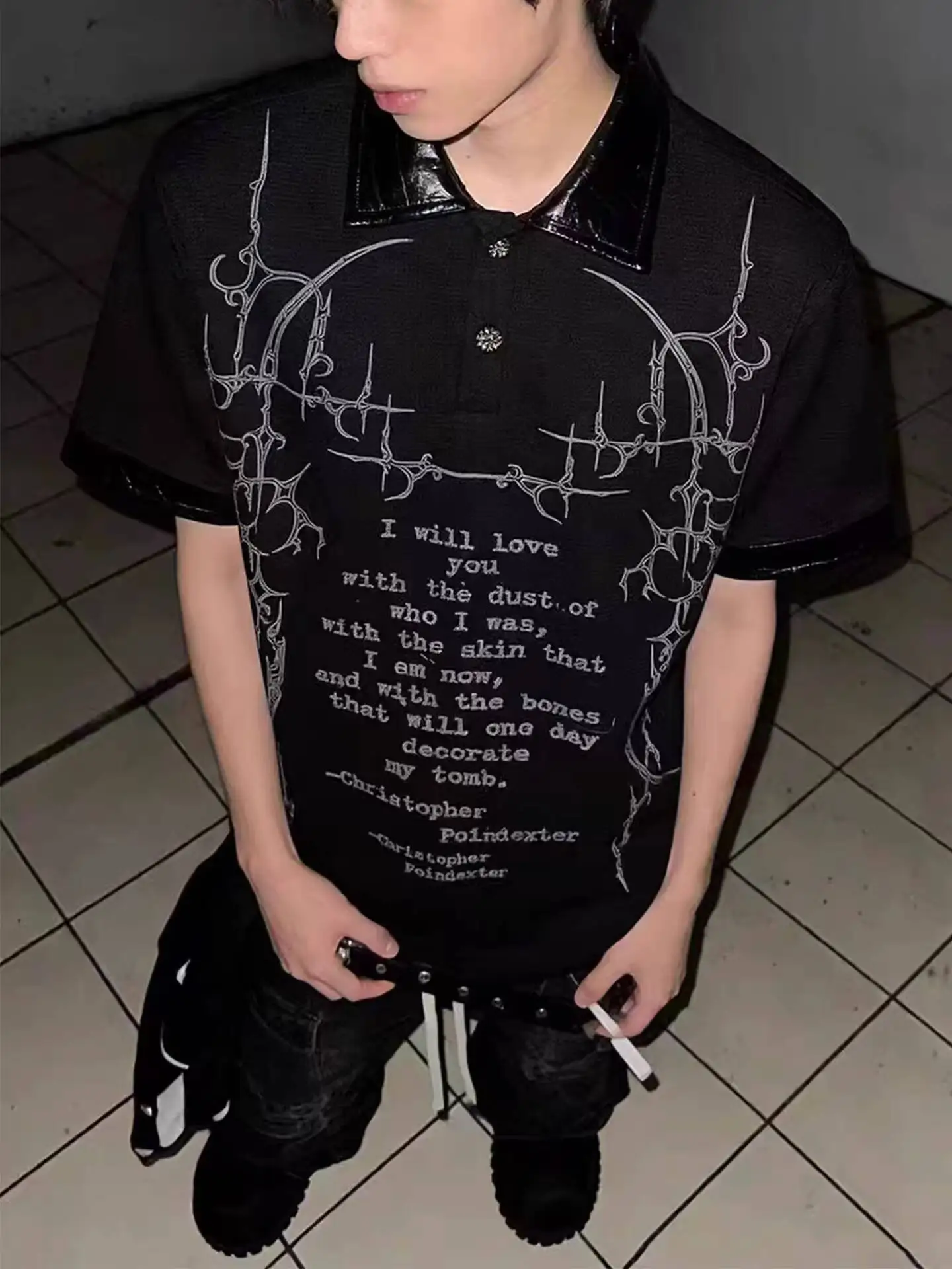 Unisex Gothic Punk T-shirt 2026 New Summer Subculture Print Short Sleeve T Shirt For Men Waffle Knit Leather Collar Design Top