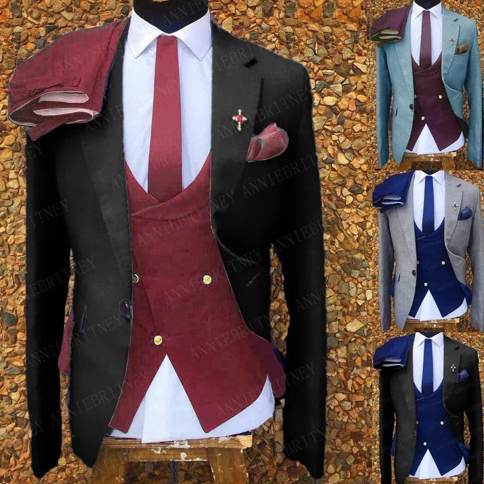 Black Red Men Suit Formal Wedding Suits For Men Smart Business Jacket Slim Fit 3 Piece Groom Tuxedo Custom Double Breasted Vest