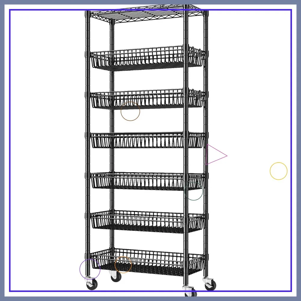 

7-Tier Rolling Wire Shelving Unit 72"H Adjustable Storage Rack with Wheels & Hooks for Kitchen Bathroom Pantry