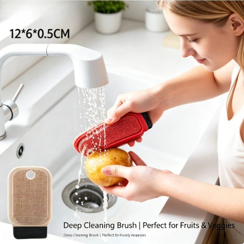 Multifunctional Silicone Cleaning Brush, Integrated Scrub & Scraper Design, Kitchen Brush for Fruit, Vegetable & Dish Washing