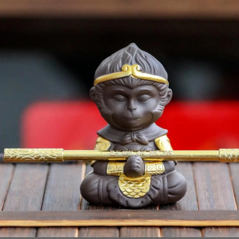 Chinese Purple Clay Kung Fu Tea Set Tea Pet Monkey King for Home Tea Tray Decoration Tea Tray Sun Wukong Statues Sculptures