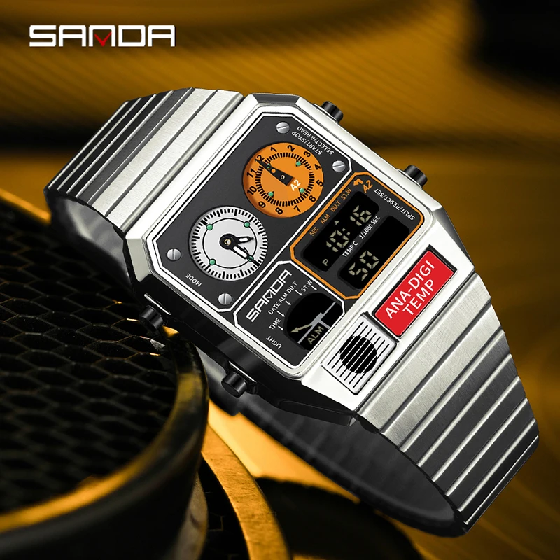 SANDA 3192 New Chronograph LED Electronic Square Men's Three Time Zones Casual Multi-function Thermometer Stopwatch Men’s Watch