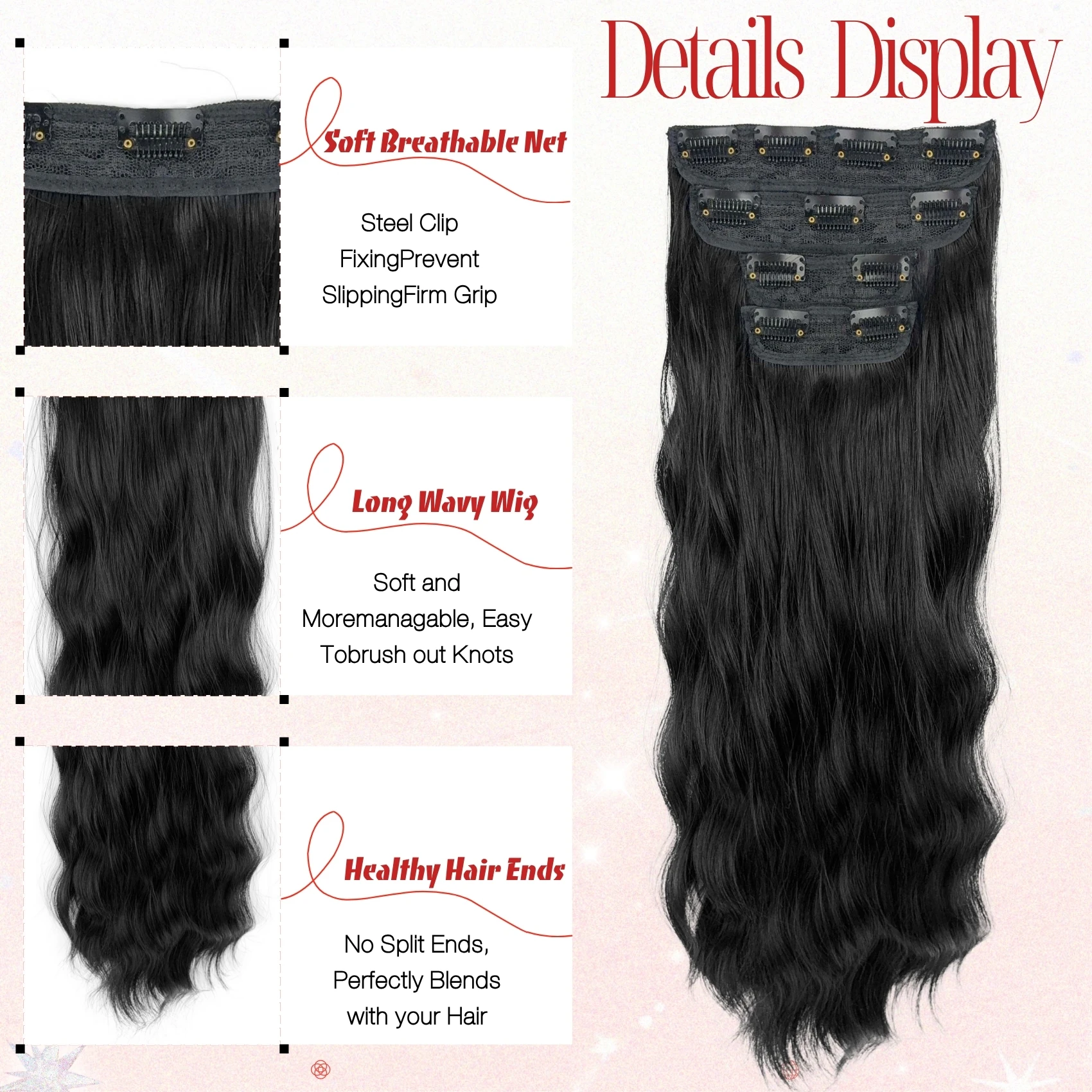 4Pcs Set Women's Wig Extensions Wig, Long Curly Wavy Synthetic Hairpieces, Natural Wavy Synthetic Hairpieces