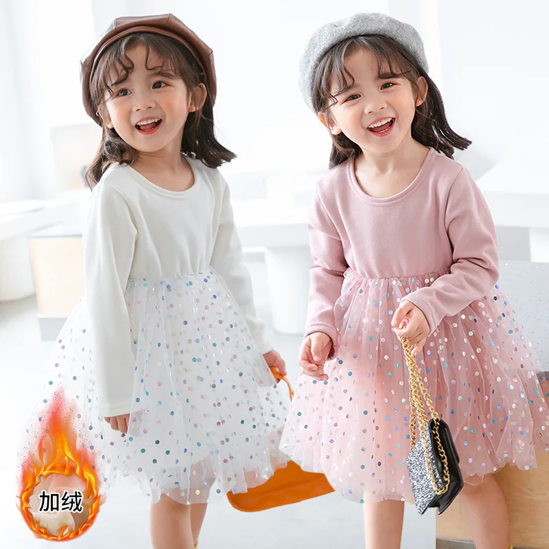 

Children's Clothing Autumn and Winter New Fleece-Lined Princess Dress for Kids Wave sequin patchwork style girls' dress