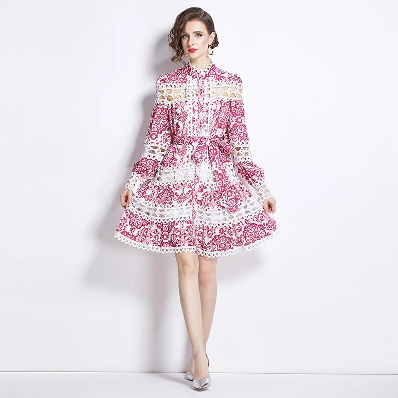 Retro Court Sle Spring Dr Single Button Hollow out Print Stand Collar Midi Skirt Long Sve Polyester Fibre Gown