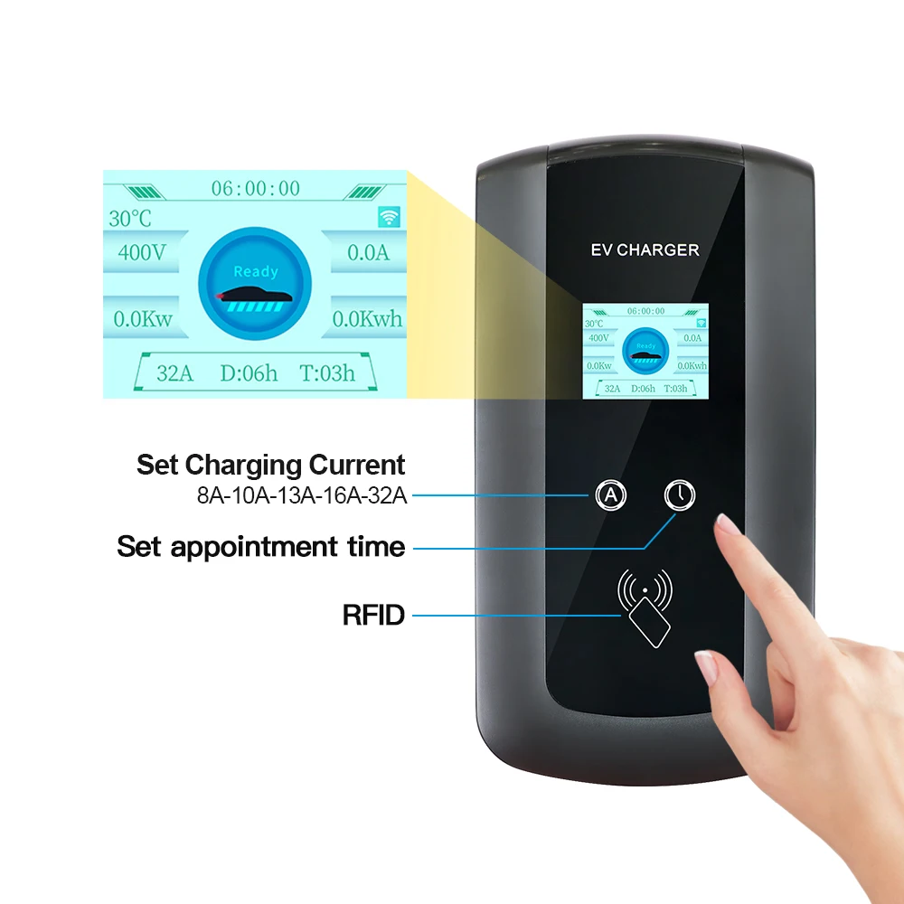 32A 22KW EV Charging Station Type 2 APP RFID CARDS Version Charging For Eletric Vehicle Home Fast Charger With Cable 5M