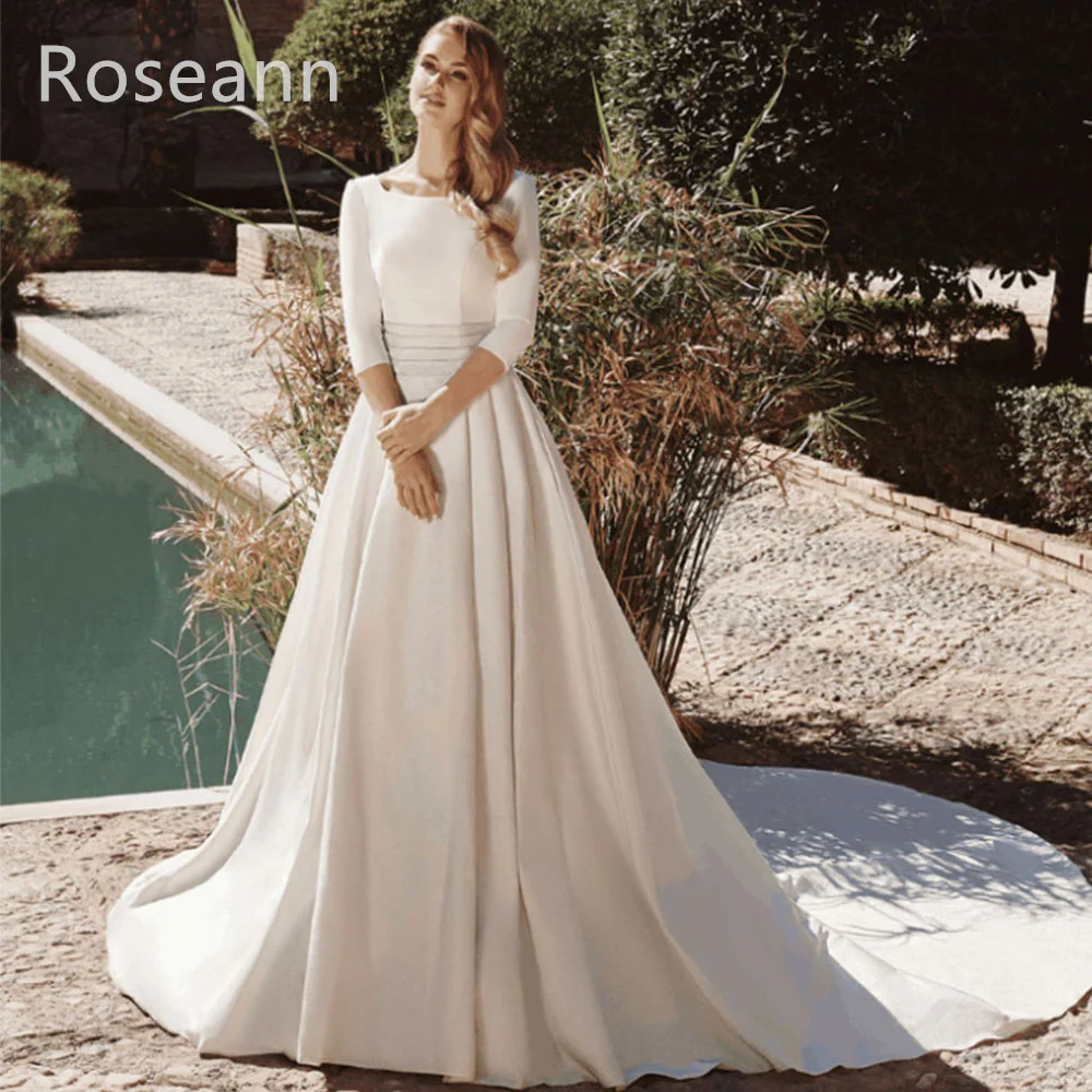 Robes de mariée A-ligne à col rond musulmanes, robe de mariée en satin plissée drapée interactif, longueur au sol, haute qualité