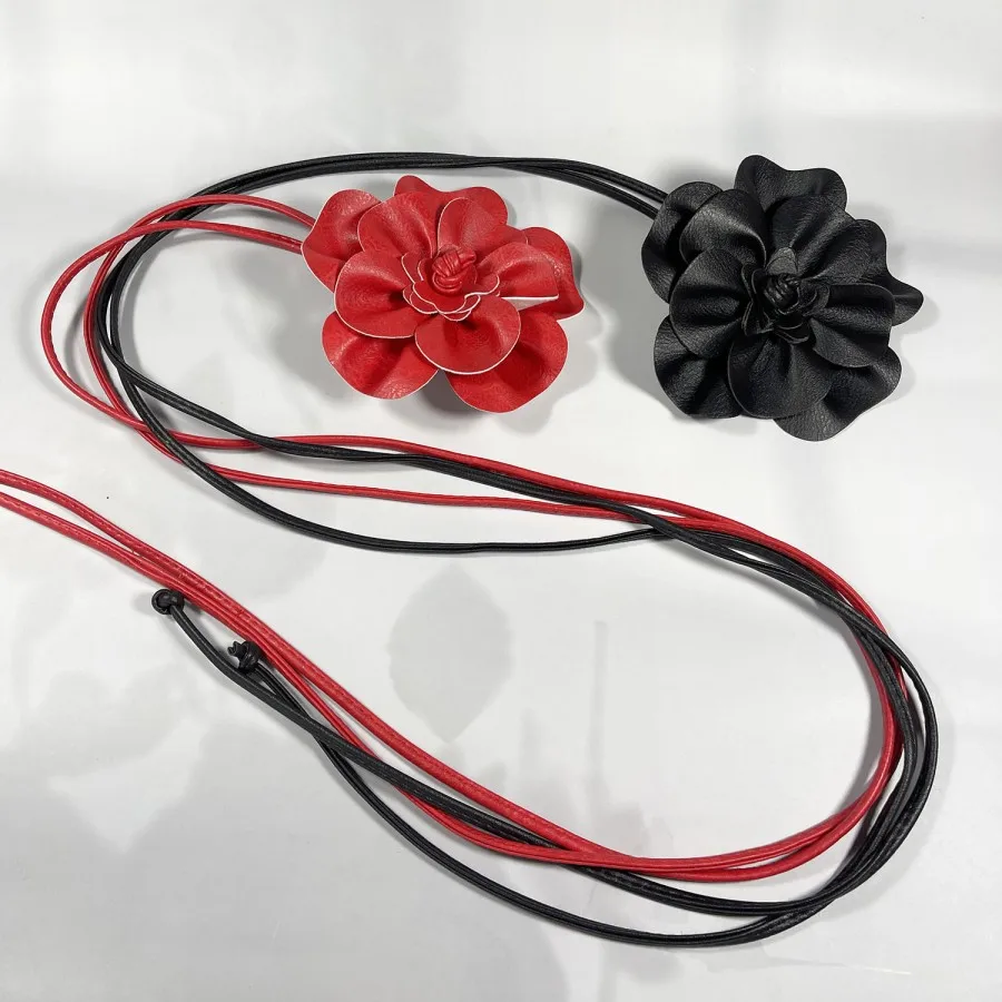 Bohemian-style decorated camellia large flower waist-cinching rope skirt belt, suitable for matching with shirts, dresses, and c