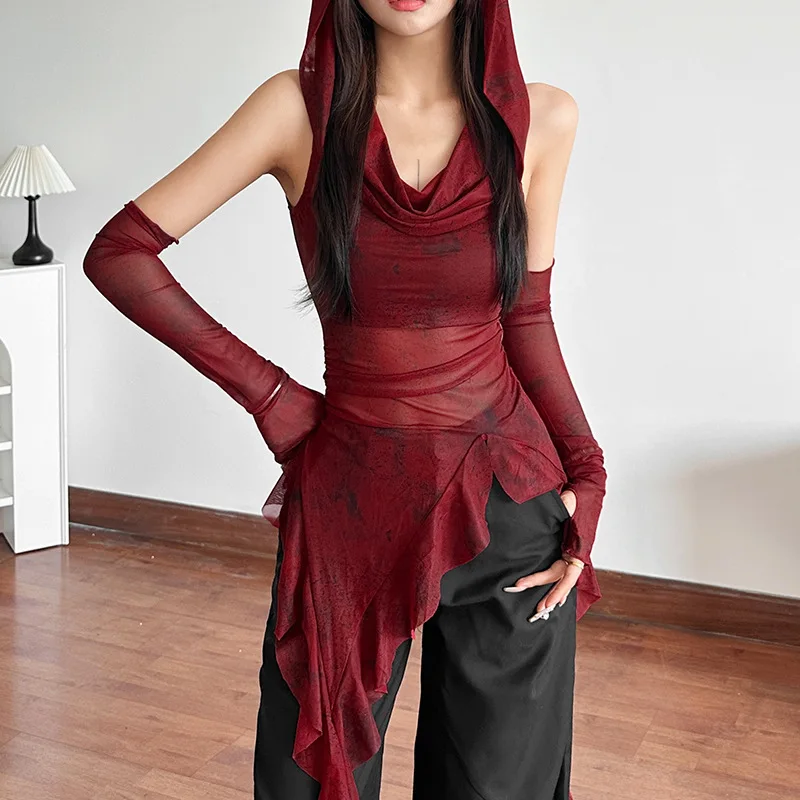Sexy Slim Fit Women's T-shirt with Sleeve Covers And Hat Spring 2025 Cross-Border Style Polyester Fabric Thickened Regular Sl...