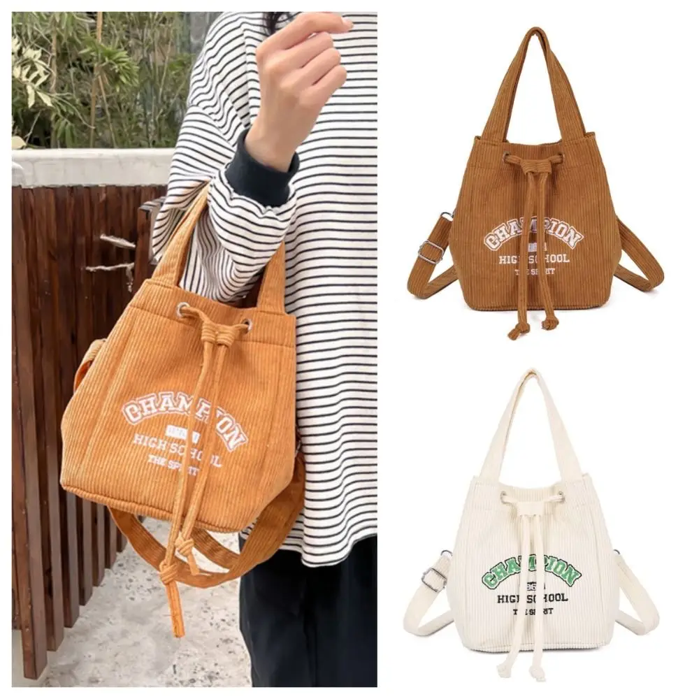 Large Capacity Letter Drawstring Bucket Bag Embroidery Letter Japanese Corduroy Crossbody Bag Harajuku Academia Style