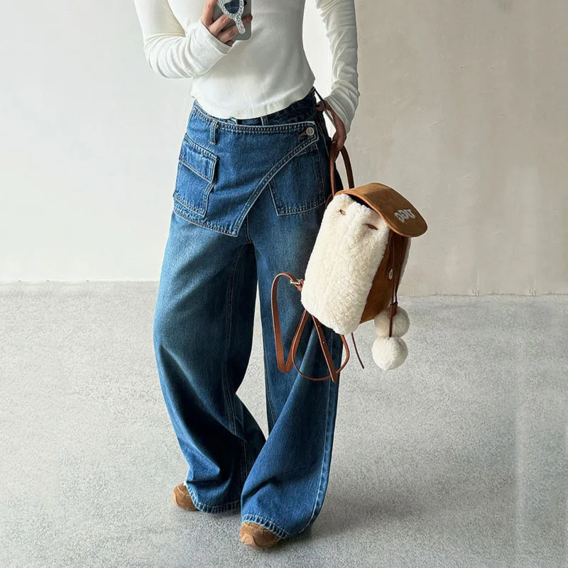 ANJY Autumn New Women Fashion Fake Two-Piece Brushed Tide Straight Jeans Versatile Streetwear Chic Ins Casual Denim Pants A14716