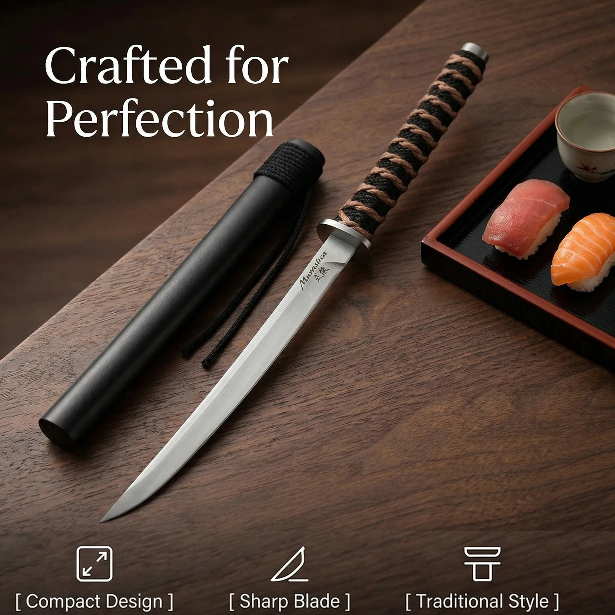 Faca de sushi japonesa premium com bainha - faca de chef portátil ultra afiada para cozinha, mini faca de sashimi de aço inoxidável 1 peça