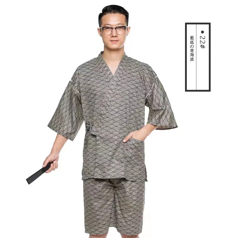 2023New Summer Japanese Traditional Samurai Kimono For Man Retro Yukata Short Sleeve Bathing Robe Hekoobi Sauna Wear Homewear