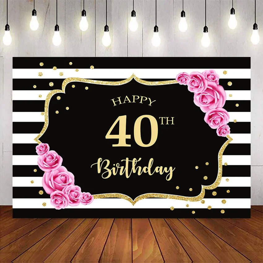 Latar belakang Pesta Ulang Tahun Happy 40th, putih dan hitam garis merah muda bunga mawar latar belakang untuk studio fotografi empat puluh ulang tahun