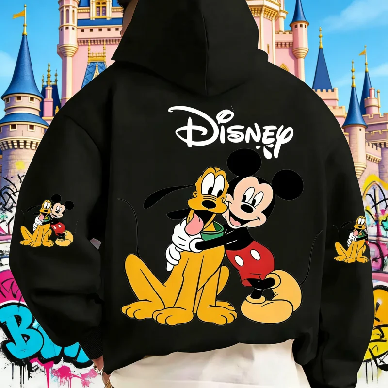 25/26 الخريف والشتاء الرجال ديزني ميكي ماوس موضة المتضخم الشارع الشهير للجنسين 100% القطن الخالص مطبوعة هوديي