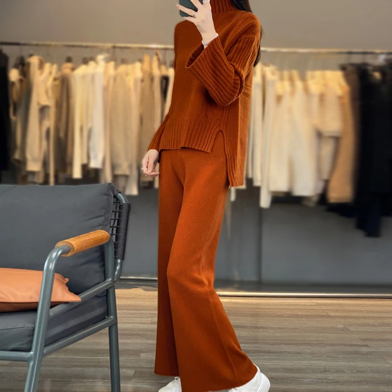 

100% Pure Wool Women'S Suit High-Neck Women'S Slit Sweater Loose-Fitting Autumn And Winter Knitted Wide-Leg Pants Two-Piece Set
