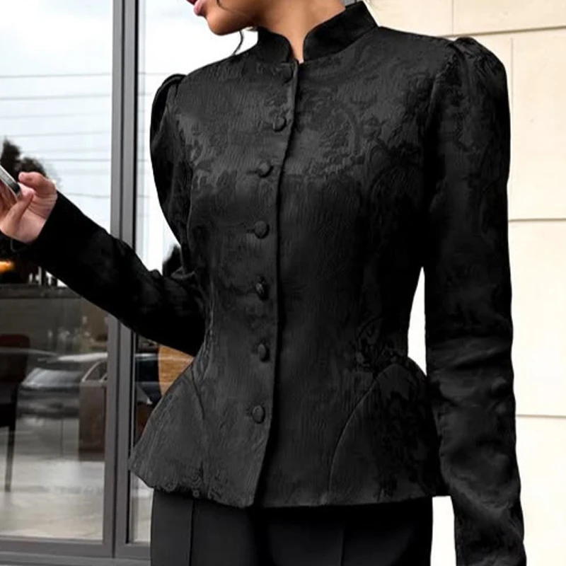 Office Temperament Jacquard Women Coat Single Breasted Design Multi Color Outwear Elegant Stand Collar Long Sleeved Slim Jacket