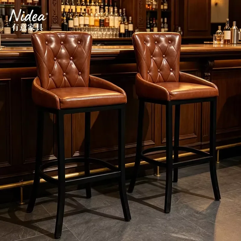 Modern Leather Bar Stool Choice of Soft-Arched or Geometric Tufted Back Metal High-Back Counter Stool for Kitchen Bar