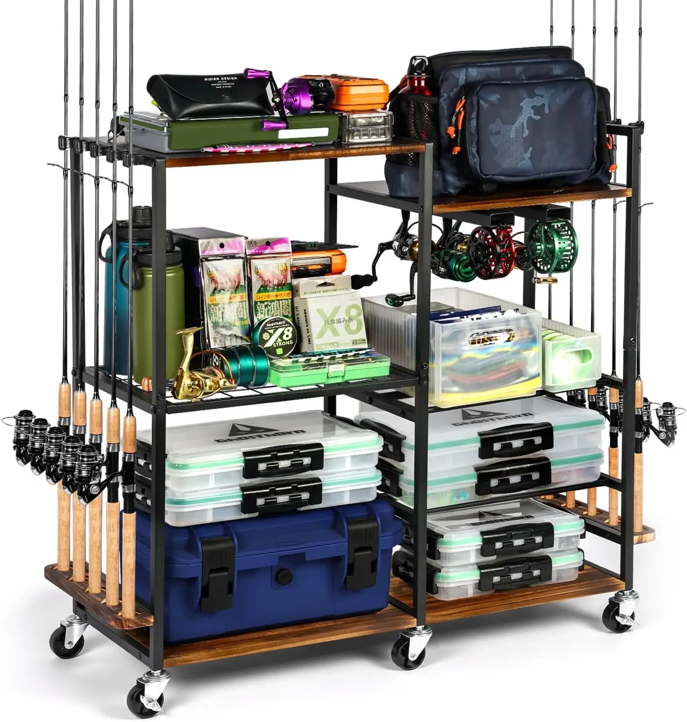 

10-Rod Fishing Pole Holder with Reel Track, Rotating Wheels, and Storage Containers for Garage Organization