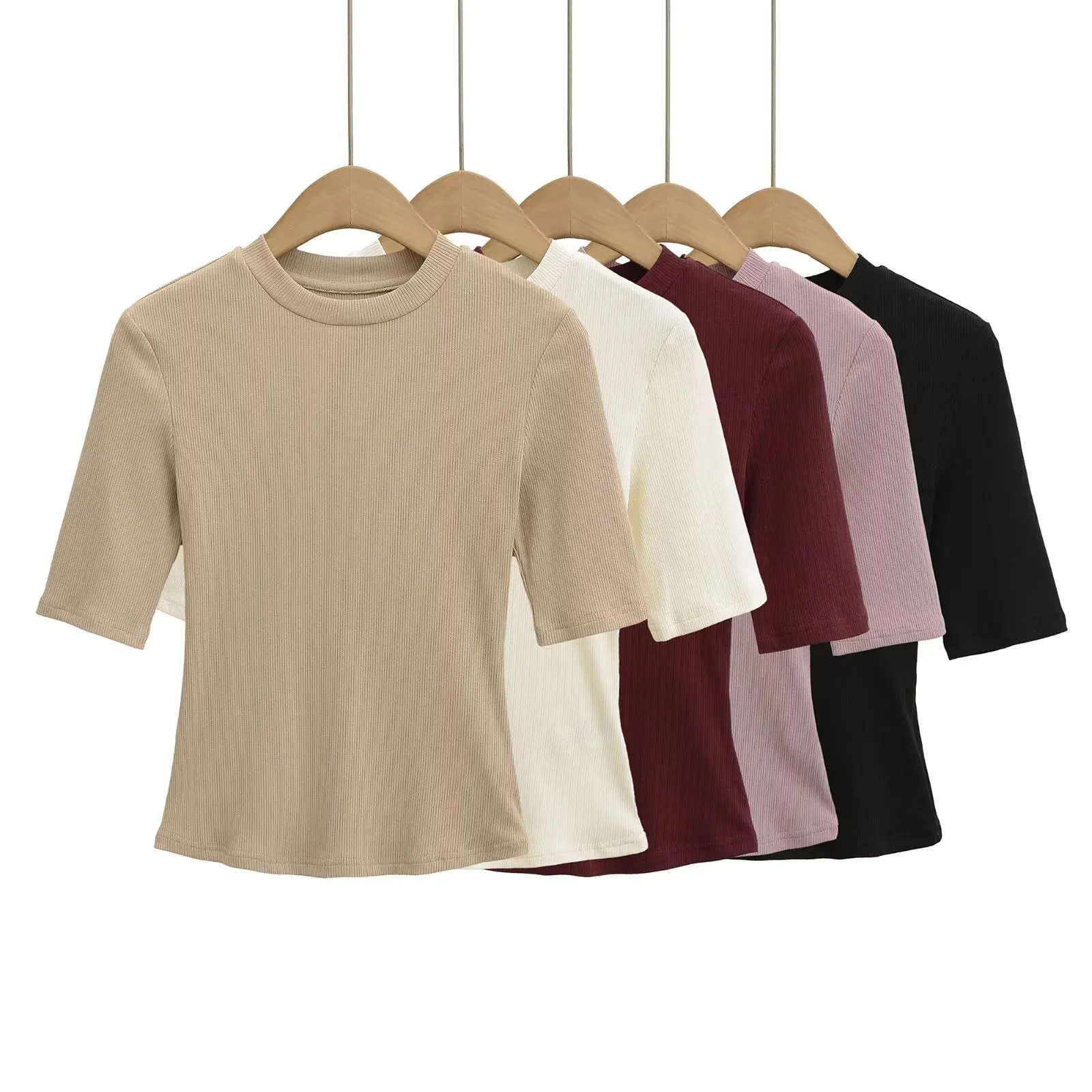 Sexy textured solid color semi-sheer mid-sleeve round-neck base shirt tight-fitting comfortable bust-enhancing sexy thin JI6W