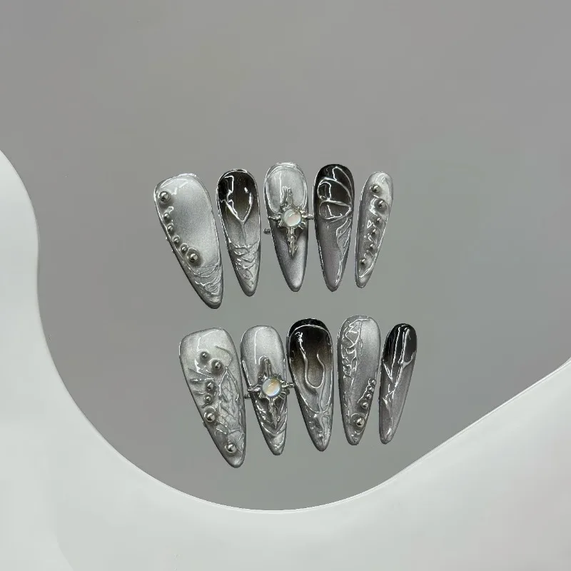 

10PCS Sweet Cool Gradient Press on Nails with Bow Star Crystal Design Luxury Instagram Style False Nails Handmade Nail for Women