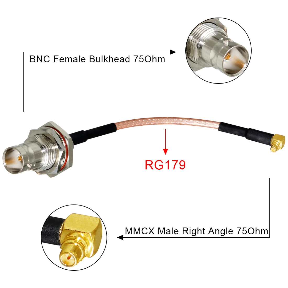 BNC Female Bulkhead to MMCX Male Right Angle RG179 Cable Adapter 75Ohm 15cm/30cm/50cm/100cm