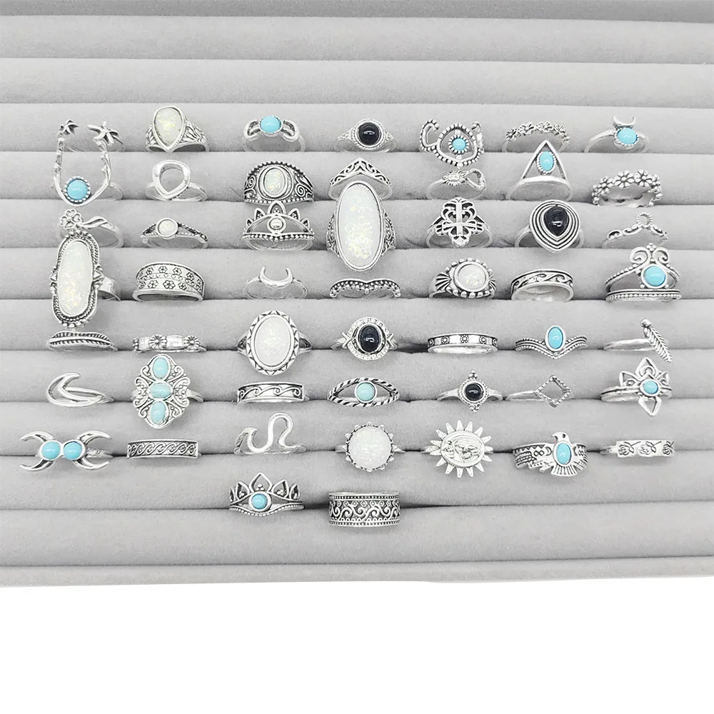 50 Stück/Los Großhandel Mix-Style Vintage Bohemia Blaue Steinringe für Frauen Opal Schwarzes Acryl Blumendesign Fingerschmuck Party – Detail 4