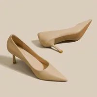 Nude High Heels Women's Autumn Thin Heel 5cm Simple Comfortable Soft Leather Commute Work Shoes Professional Pointed Toe Low Hee