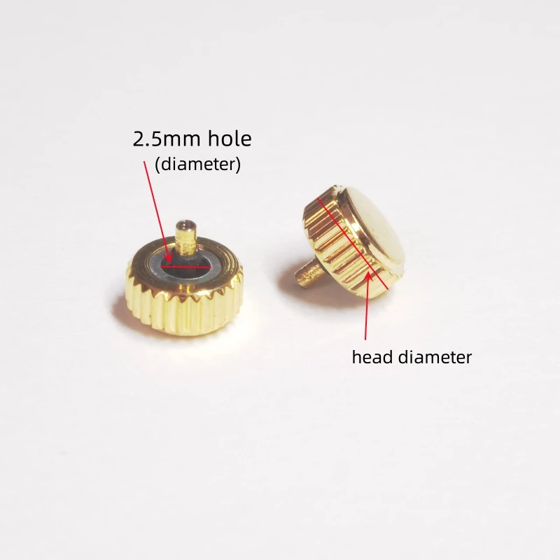 2.5mm Hole Diameter Gold Color Long Tube Watch Crown 4.5/5.0/5.5/6.0/6.5/7.0mm Head Diameter for Watch Repair 1 Piece