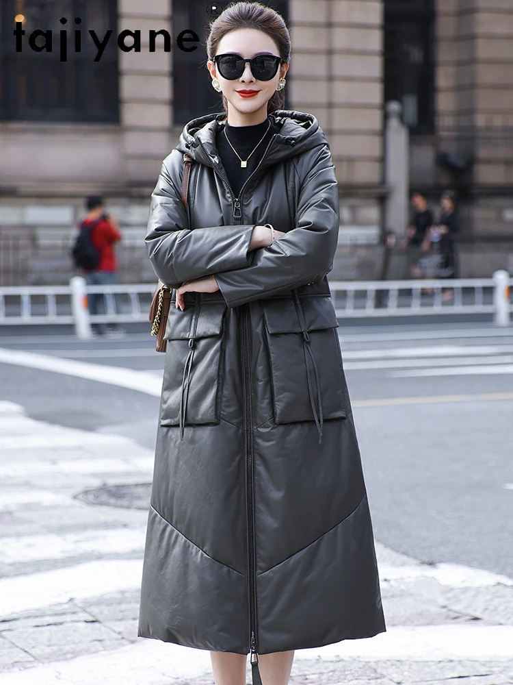 TAJIYANE 100% جلد البقر أوزة أسفل معطف مقنعين طويل سترات من الجلد الحقيقي عالية الجودة سترة منفوخة النساء الملابس الشتوية 2025 П্যাডিং