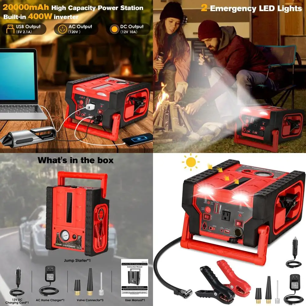 

2000A 12V Солнечная автомобильная аккумуляторная батарея Starter-20000 мАч Портативная электростанция с быстрым воздушным компрессором 100 PSI, инвертор переменного/D 400 Вт