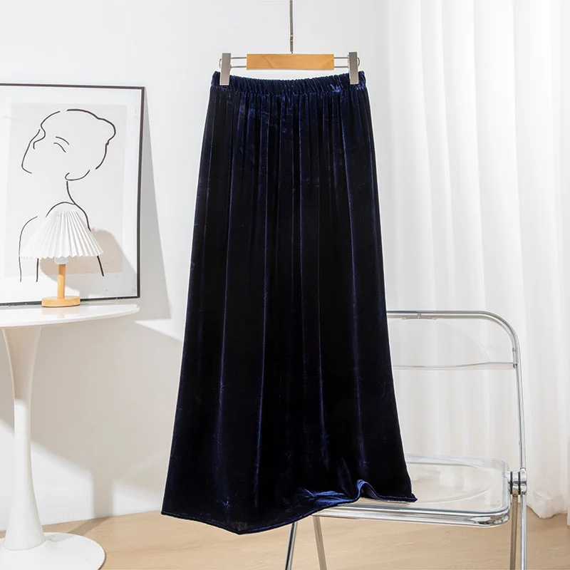 

Women Velvet Silk Midi Skirt 100% Mulberry Silk Lining Navy Elastic High Waist Chic Skirts Office Lady QQ011