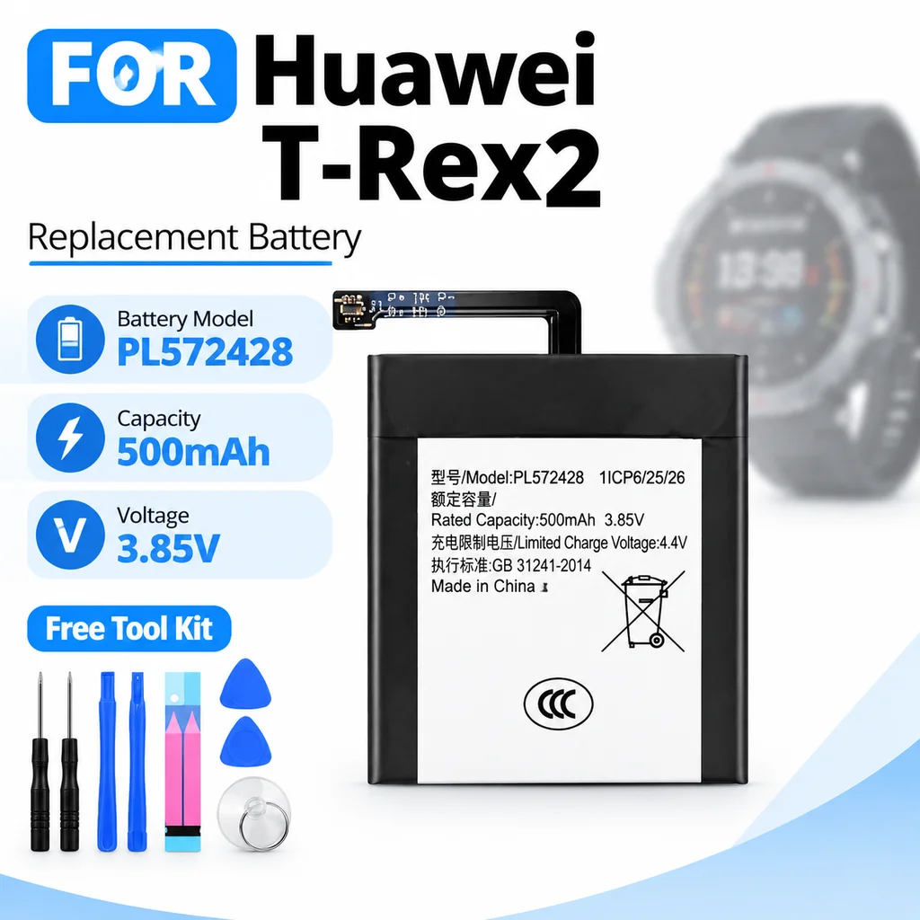 PL572428 Watch Battery Replacement For Huawei Huami T-Rex2 Smartwatch, Repair Battery Cell With Repair Tool Kit Included