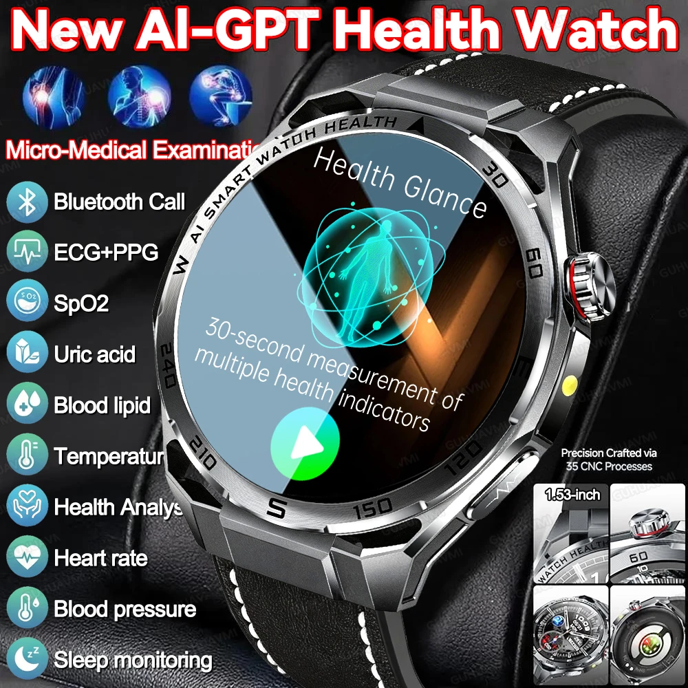 

New Mini Health Analysis Accurate Smart Watch ECG Heart Rate Uric Acid BP Blood Oxygen HD Call AMOLED Screen Smart Watch For Men