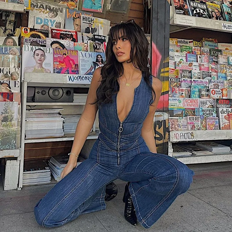 High waisted denim jumpsuit, slim fitting, sexy, slimming, fashionable street photo, retro style, high waisted