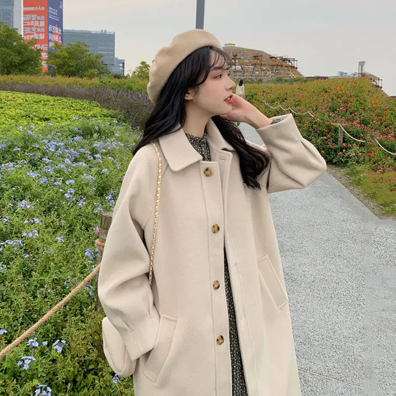 Korean Style Fashion Cotton Wool Coat Women's Classic University Style Single Row Button Autumn and Winter Women's Woolen Coat