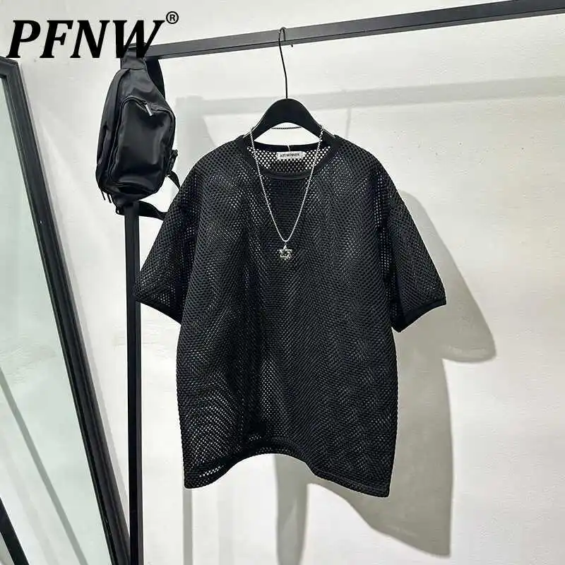 

PFNW Personality Men's T-shirts Loose Hollow Out Mesh Round Neck Short Sleeve Solid Color Male Casual Clothing Summer 12C306