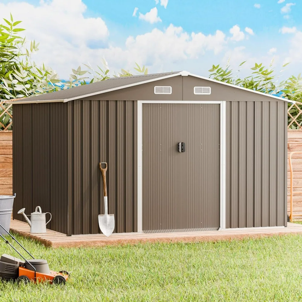 Outdoor Storage Shed Metal Galvanized Tool Shed with Vents & Lockable Sliding Door,Waterproof Backyard Shed,10'x8'