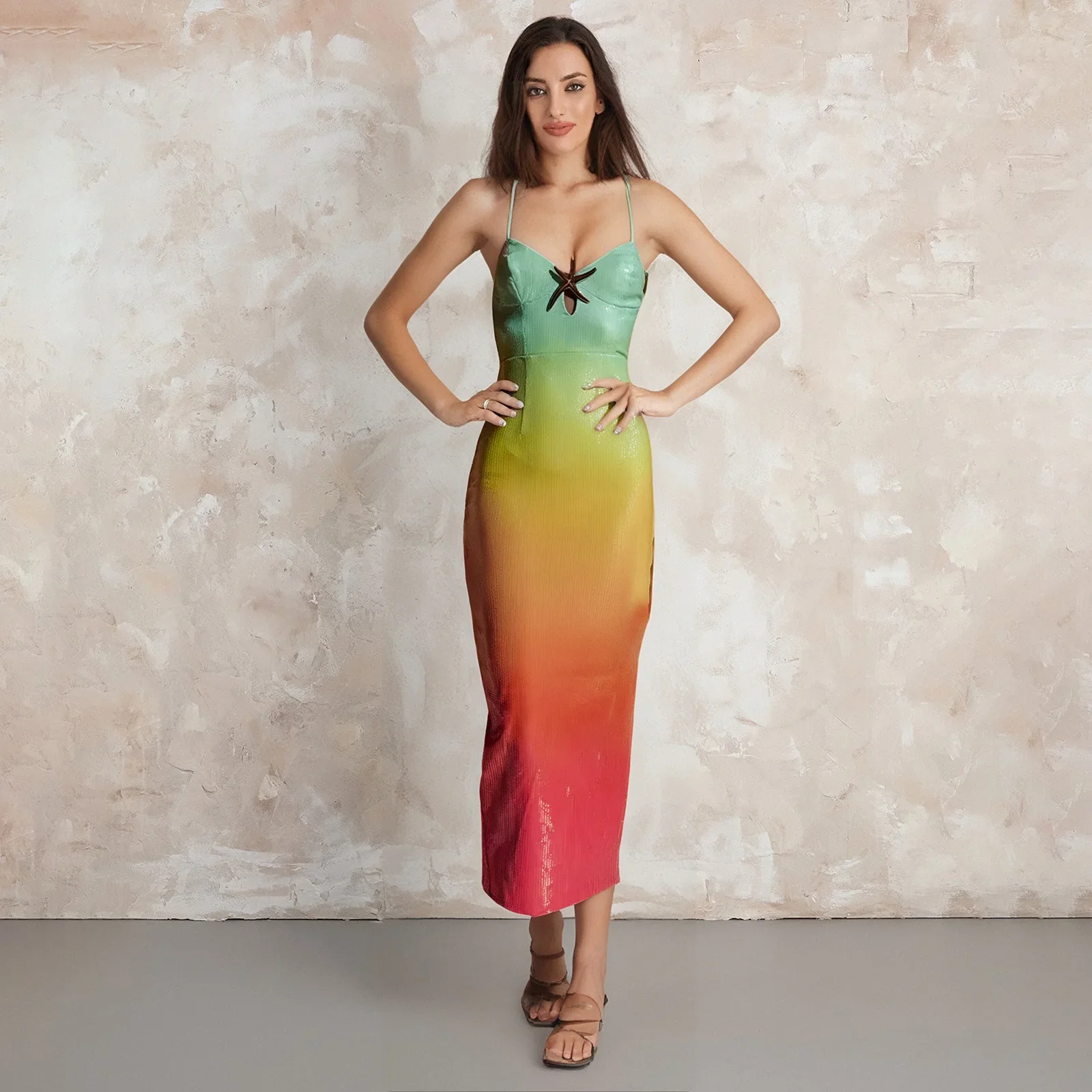 Vestidos largos ajustados elegantes sin mangas para mujer, vestido camisola de Color degradado, vestido de fiesta con cuello en V y tirantes finos sin mangas de estrella de mar