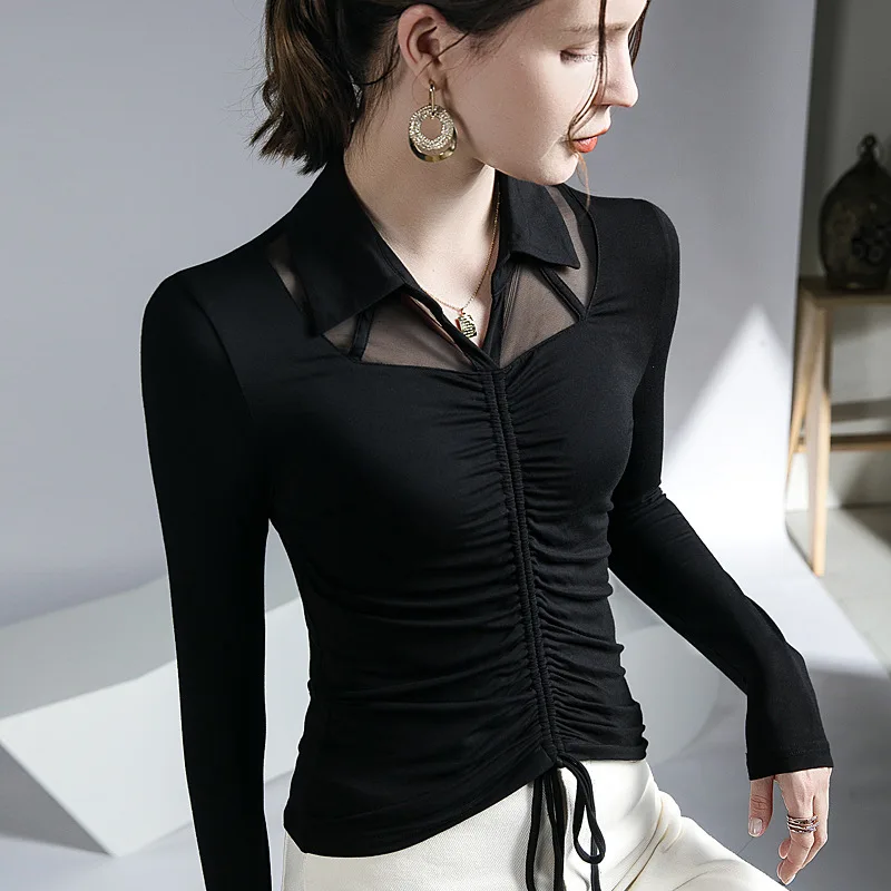 

Women's Black Perspective Pleated Stretch Top Shirt, Lapel T-shirt, Bottoming Shirt, Sexy, Modal, Spring and Autumn