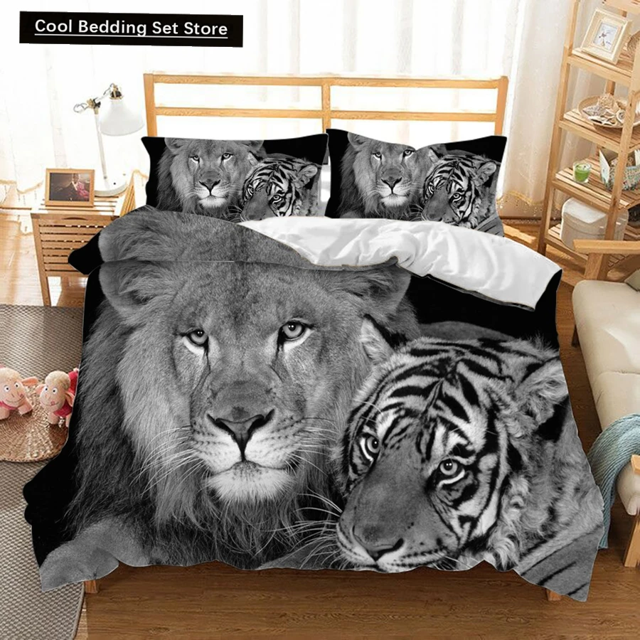 Lion Tiger King Queen Duvet Cover Lovely Wild Animals Bedding Set for Kids Teens Adults Wildlife Grey Black 2/3pcs Quilt Cover