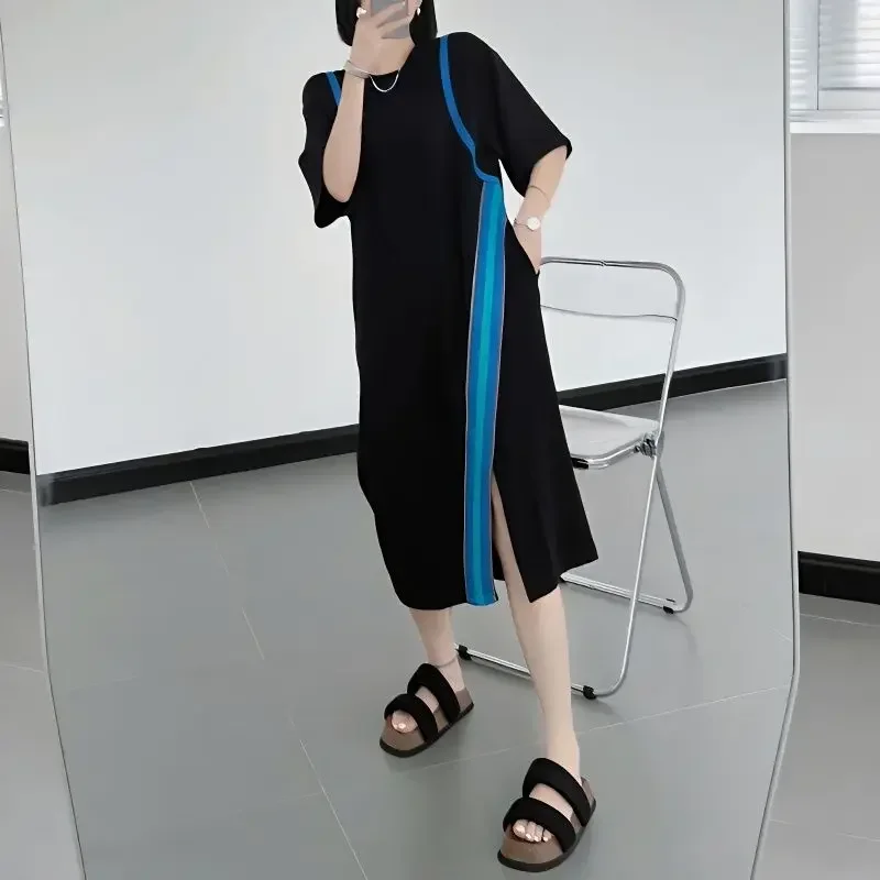 Robe t-shirt patchwork surdimensionnée pour femmes, robe décontractée, robe d'été, col rond, manches courtes, documents d'abonnés, mode, nouveau