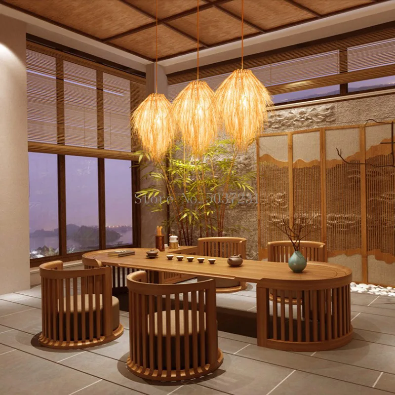 Imagem -04 - Teahouse Japonês Rattan Lustre Tecelagem de Bambu Pingente Lâmpada Chapéu Palha Rattan Abajur Pastoral Bambu Decoração da Sala