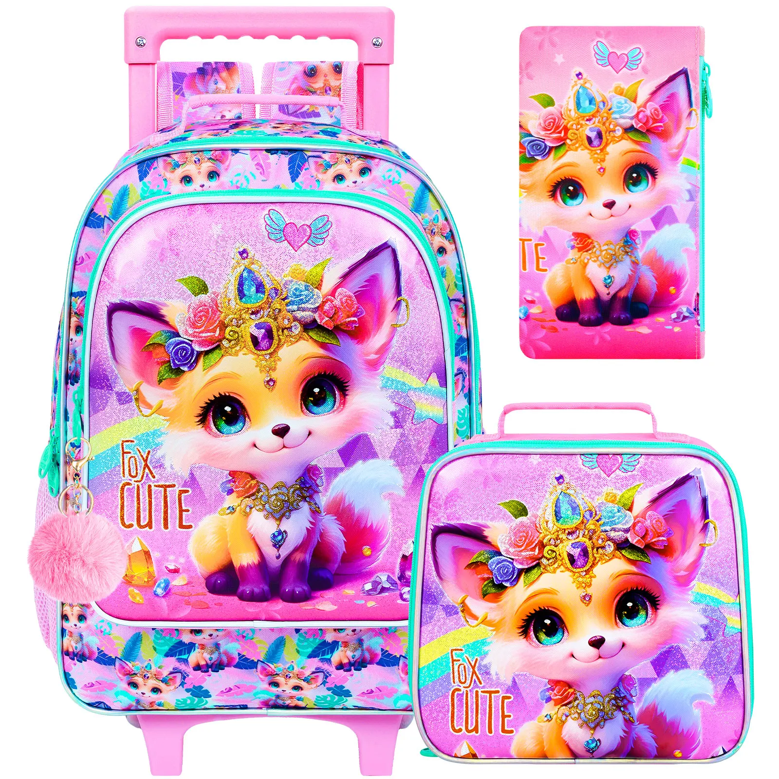 

3 шт. рюкзак на колесиках для девочек, детская сумка для книг на роликах, школьная сумка на колесиках с сумкой для обеда, желтая лиса с кирпичами и камнями