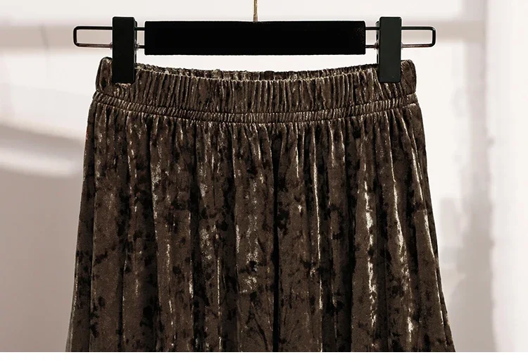 Burgunderroter Plissierter Samt-Midi-Rock für Damen, A-Linie, Herbst/Winter 2026, Vielseitig, Figurbetont, Mittellang, Lässig, Vielseitige Halbrocke – Detail 24
