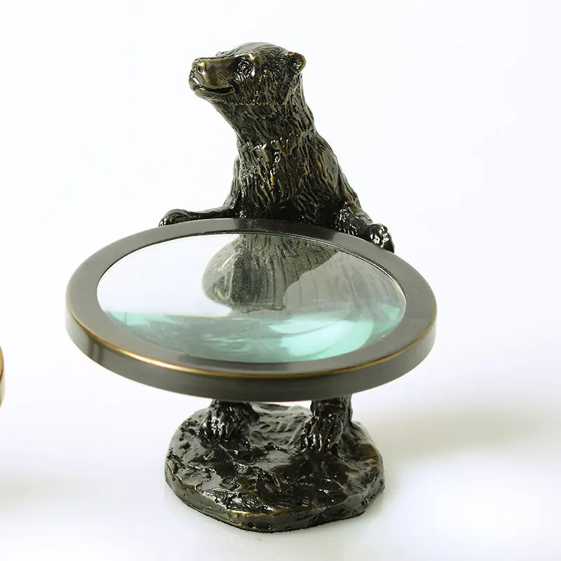 European creative high-end pure copper bear magnifying glass, home handicrafts, model room, study, desktop decoration ornaments
