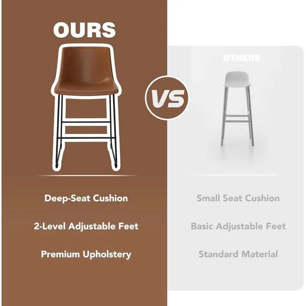Counter Height Leather Bar Stools with Metal Legs and Footrest (2pcs, Brown, 26in) view 6