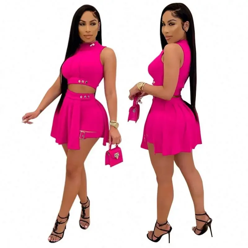 New Arrival Two Piece Skirt Sets Women Clothing Solid Sleeveless 2 Piece Skirt Suit Set for Ladies