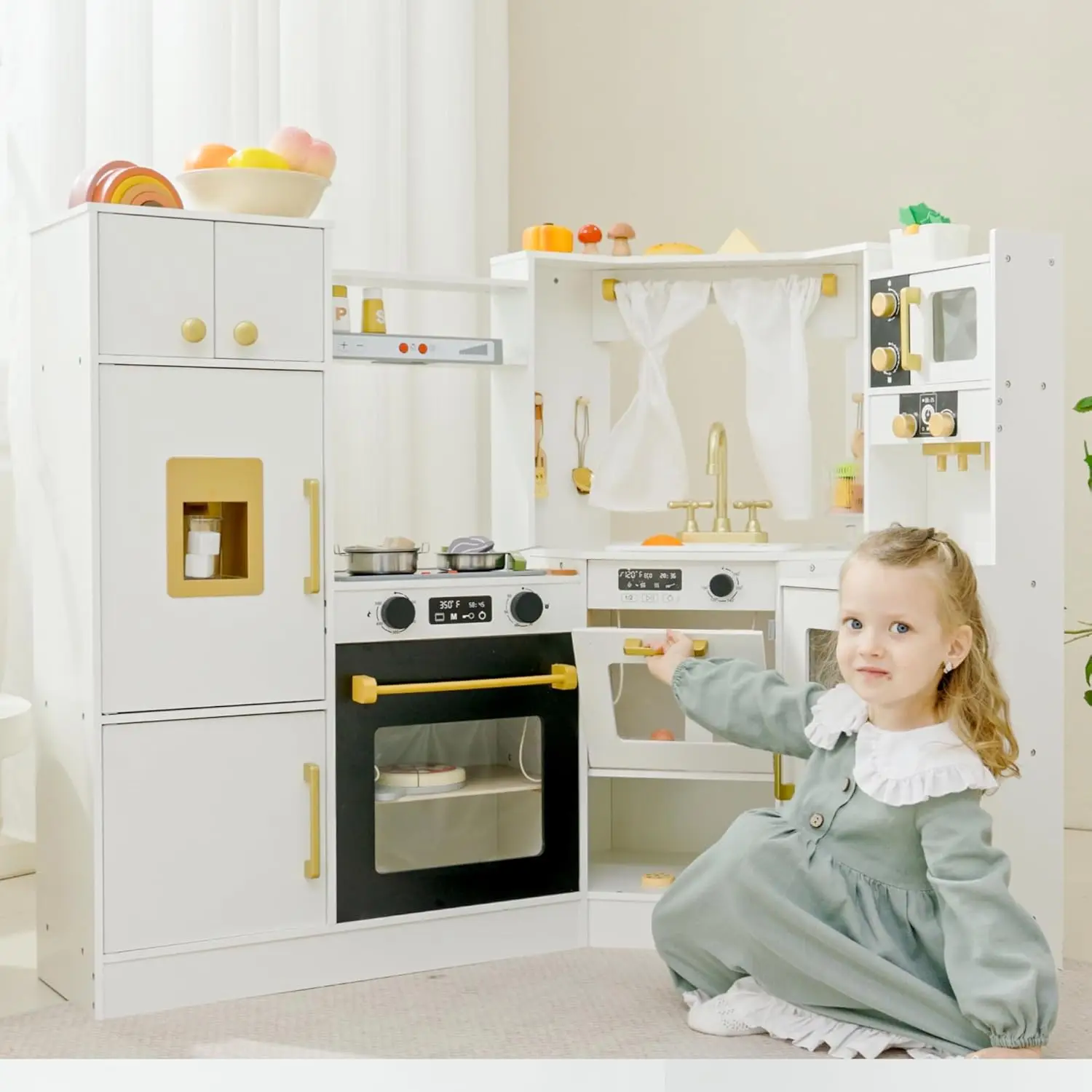 Interaktives hölzernes Spielzeugspielküchen-Spielset für Kinder-realistische Lichter & Geräusche, Eck design mit 8 Accessoires, Geschenk für Mädchen