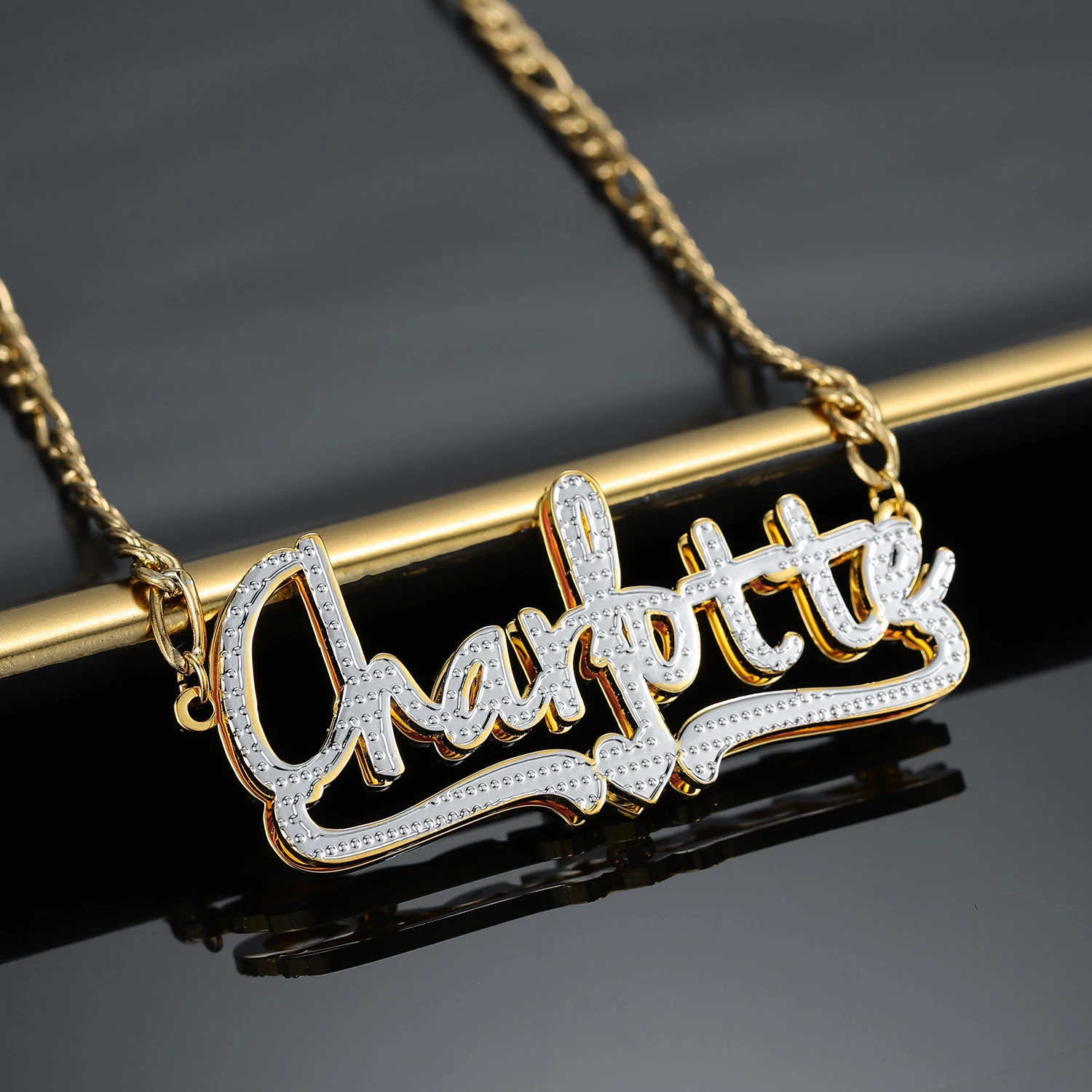 

Custom Two Tone Name Stainless Steel Necklace Personalized Gold Plated Jewelry Textured Design Unique Fashion Necklace Christmas